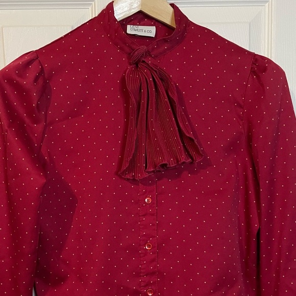 VTG Levi Strauss burgundy button down LS polyester blouse w/ dots & pleated bow - Picture 4 of 11